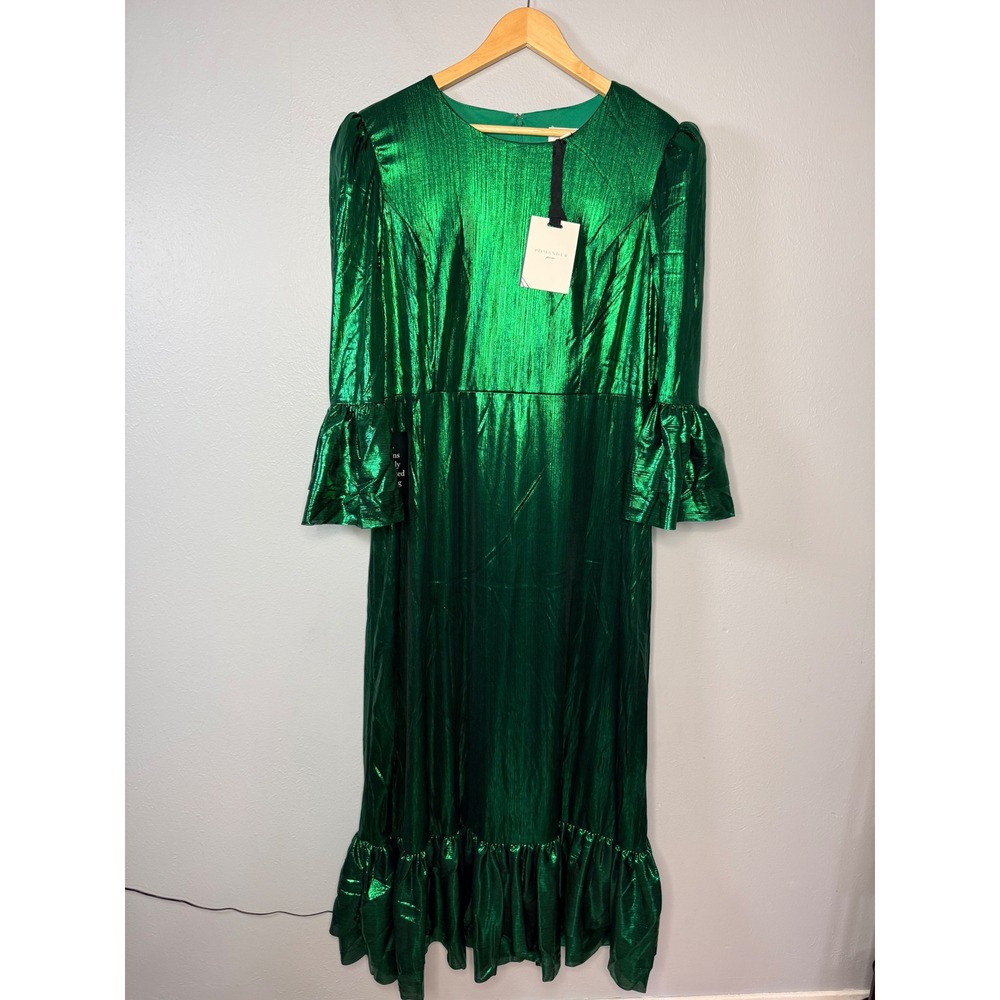 POMANDER PLACE Crinkle Lurex Lillith Maxi Dress Emerald Green XXL NWT‎